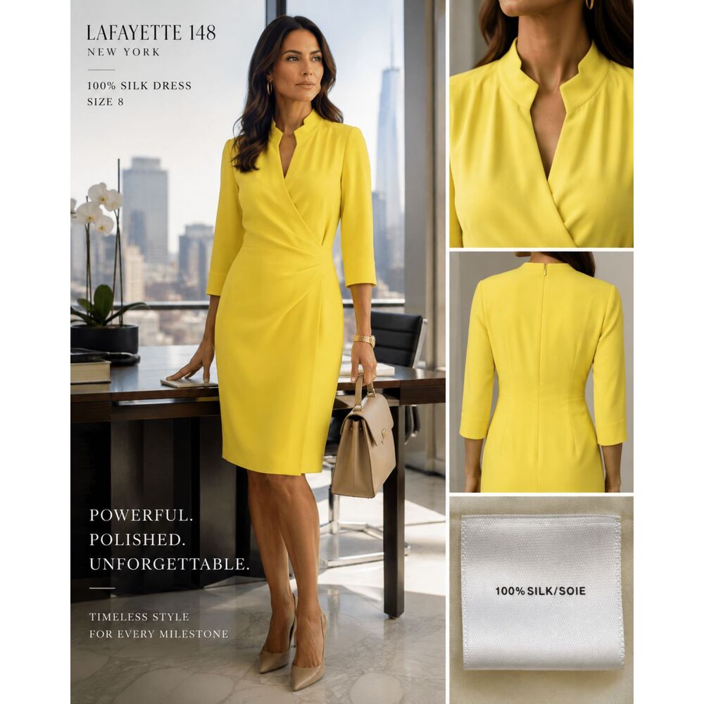 Lafayette 148 New York Dress 8 100% Silk Butter Yellow Wrap Sheath Luxury